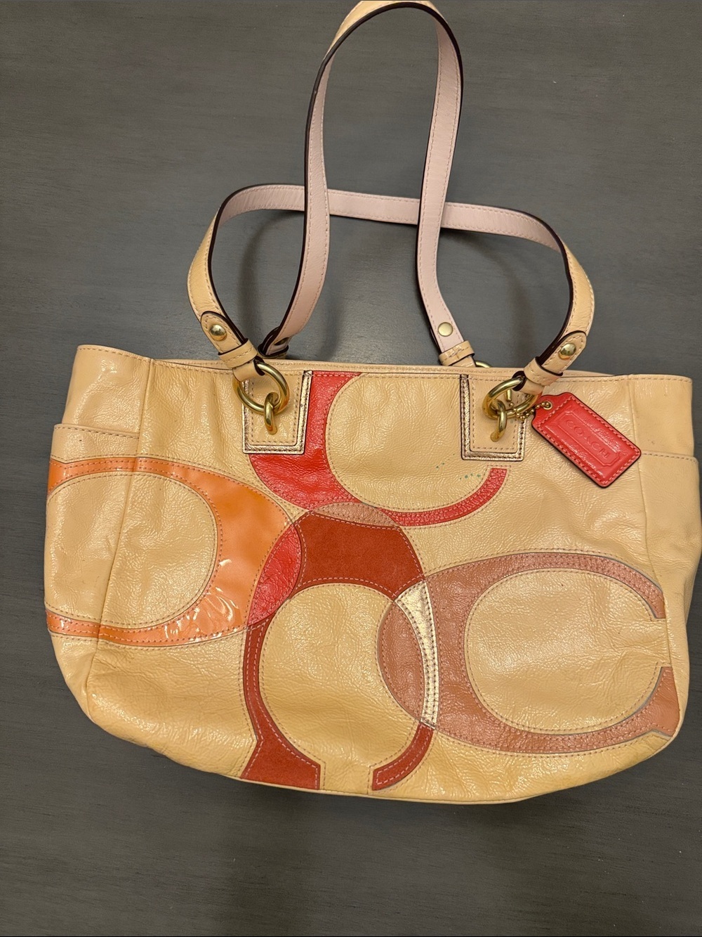 Coach Beige Leather Patchwork Tote with Coral and Tan Accents